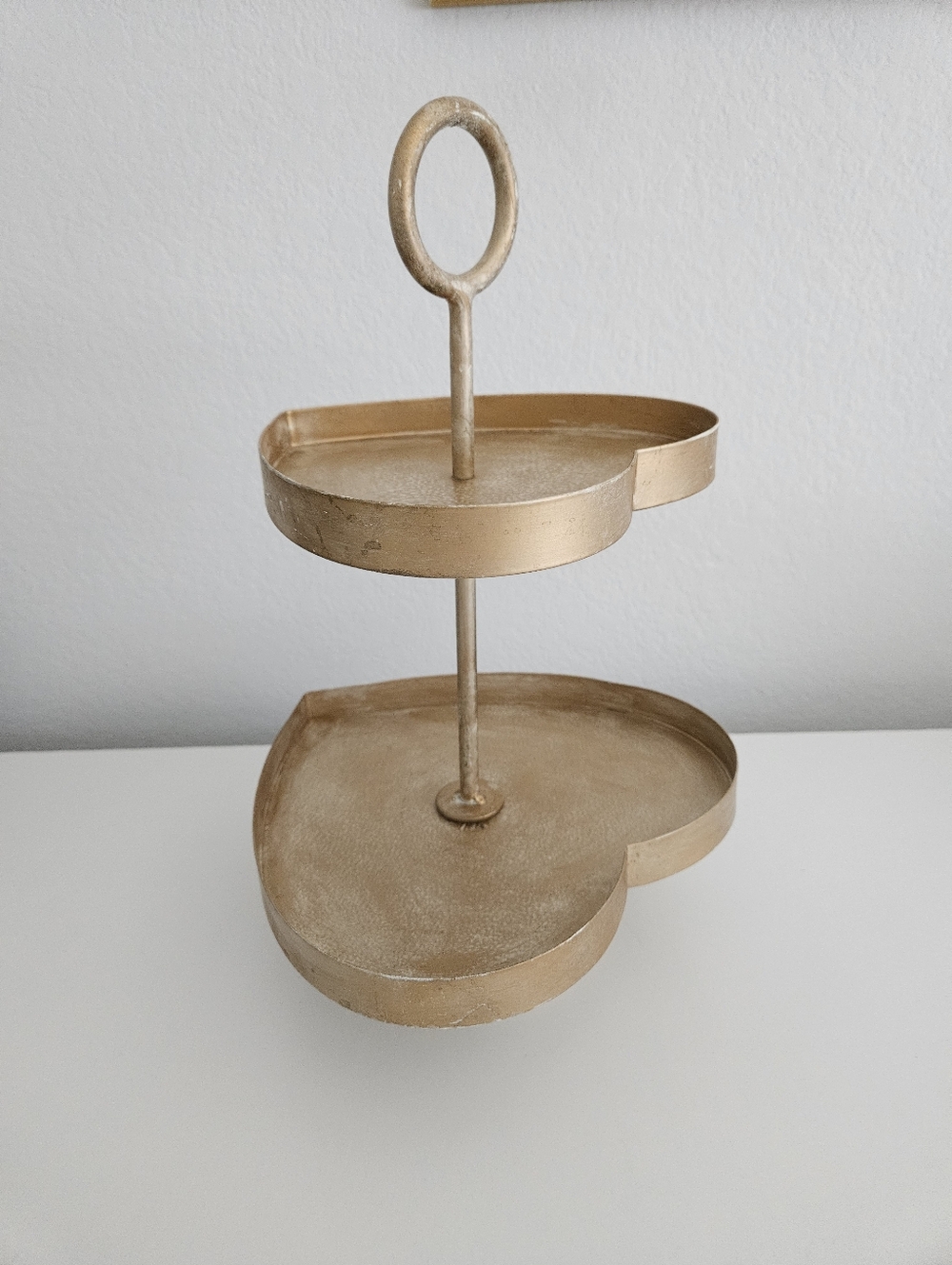 NEW Heart Two Tier Dessert Serving Tray Stand Brushed Gold Rustic Made In India - Picture 4 of 10
